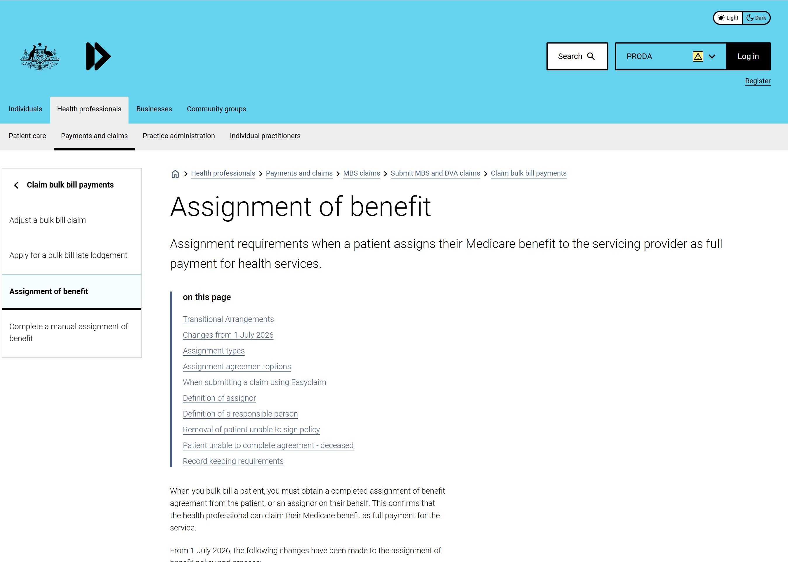Screenshot of the Services Australia 'Assignment of benefit' guidance page for health professionals, showing the on this page contents including Transitional Arrangements, Changes from 1 July 2026, Assignment types, Assignment agreement options, Definition of assignor, and Record keeping requirements.