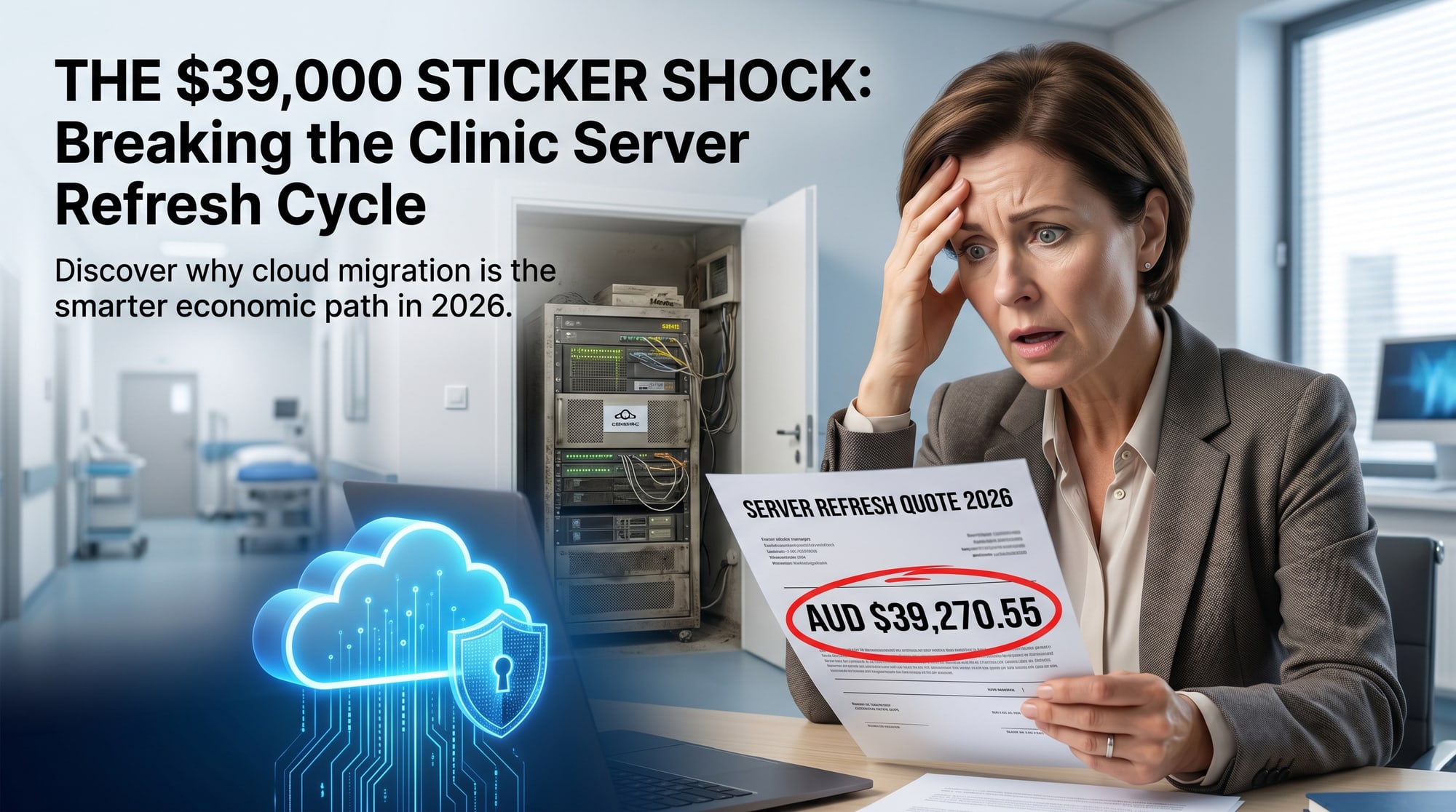 A medical-clinic practice manager reacting to a 2026 server refresh quote of AUD $39,270.55, with the clinic comms room and an inset cloud graphic in the background, illustrating the headline message that cloud migration is now the smarter economic path for many practices