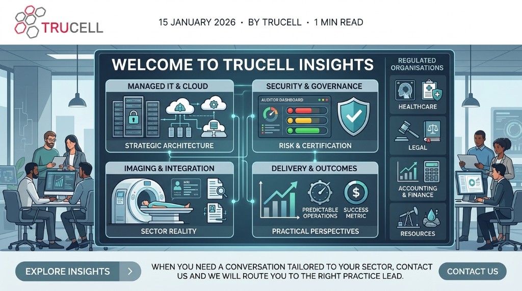 Editorial banner for Welcome to Trucell Insights, covering managed IT, security, imaging, and delivery for regulated organisations