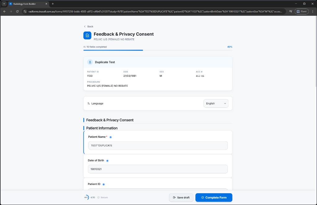 RADForms consent form with patient summary card, progress bar, and save or complete actions.