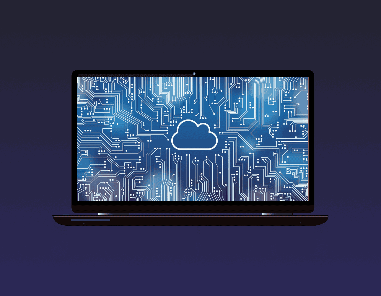 opened laptop, showing an image of a circuit board made of white lines and points with a cloud icon in the middle of the screen.
