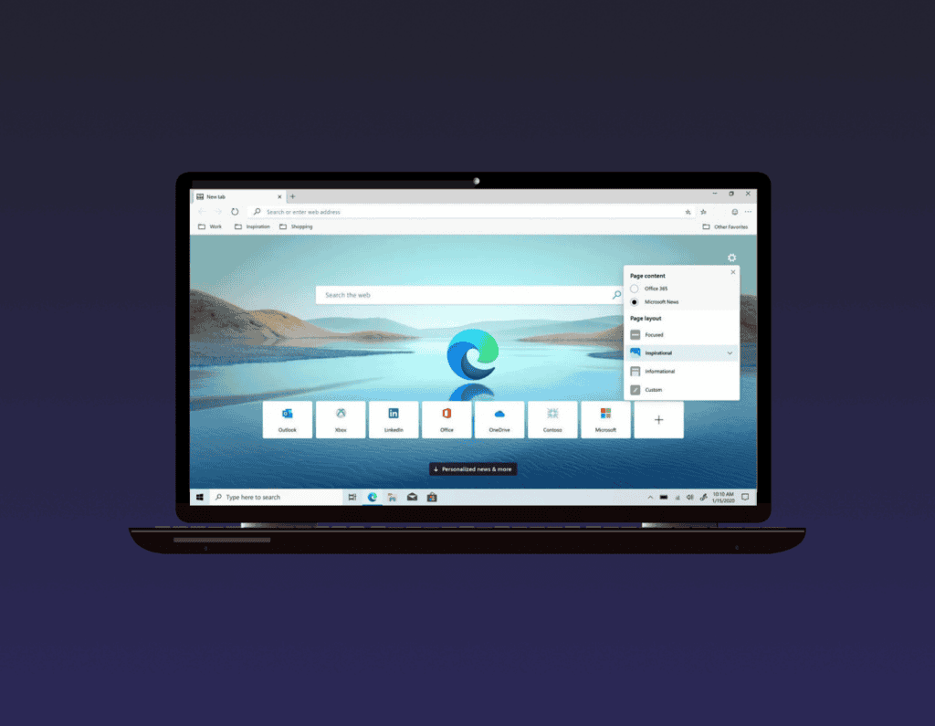 opened laptop showing the start page of edge browser in the screen