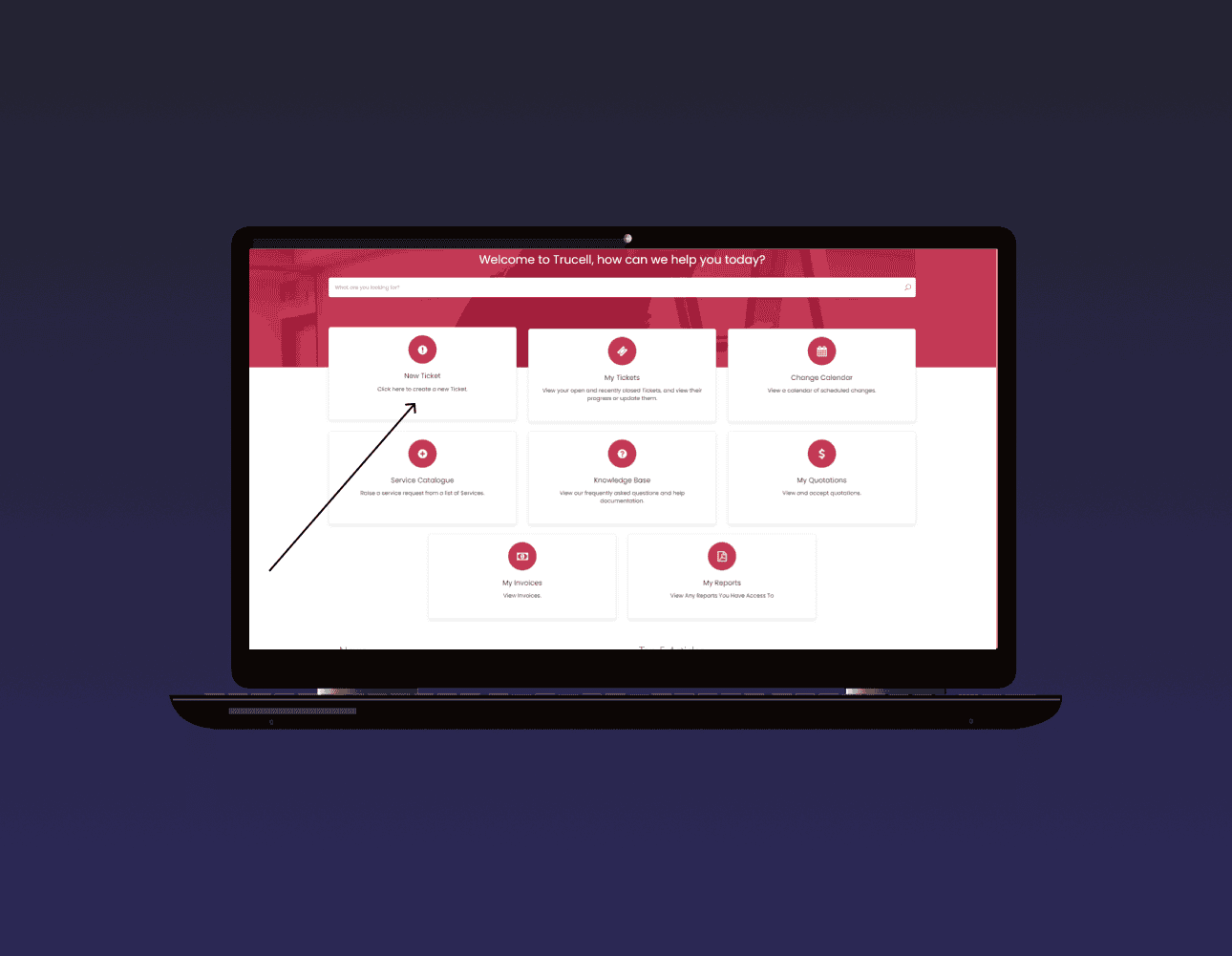 Opened laptop, showing the Trucell Support Portal with an arrow pointing to New Ticket Card