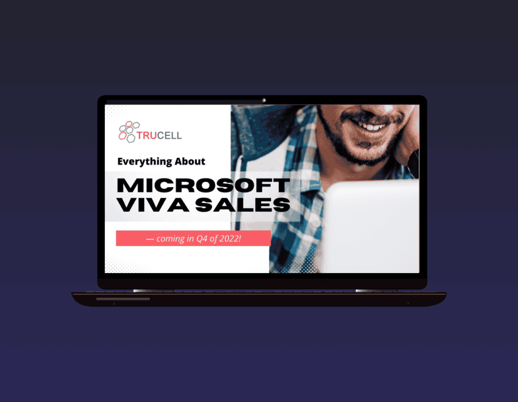 Opened laptop, showing a poster for Everything about microsoft viva sales on the screen