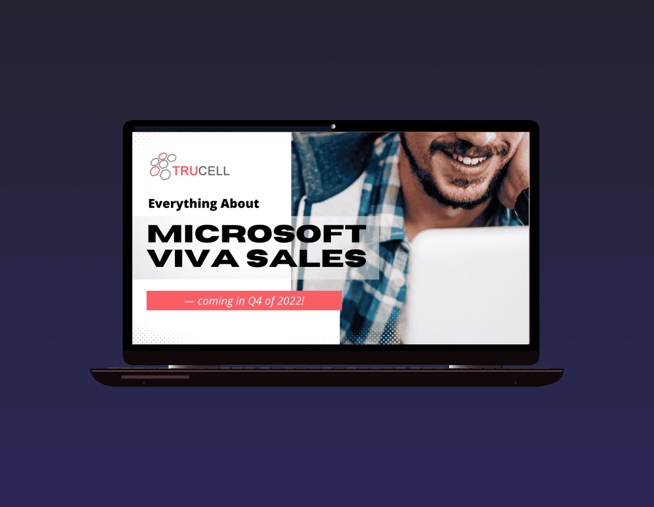 Opened laptop, showing a poster for Everything about microsoft viva sales on the screen