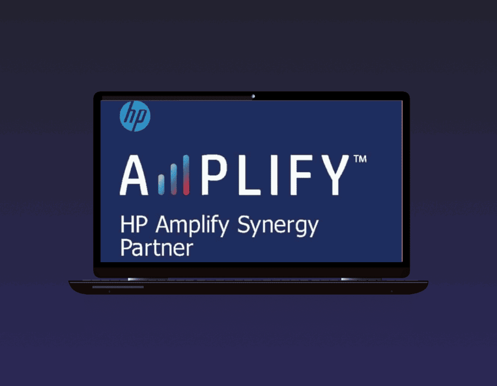 opened laptop showing HP Amplify Synergy Partner logo on its screen