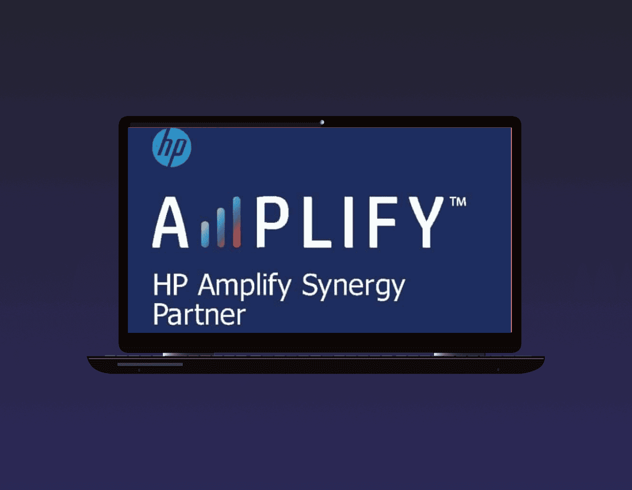 opened laptop showing HP Amplify Synergy Partner logo on its screen